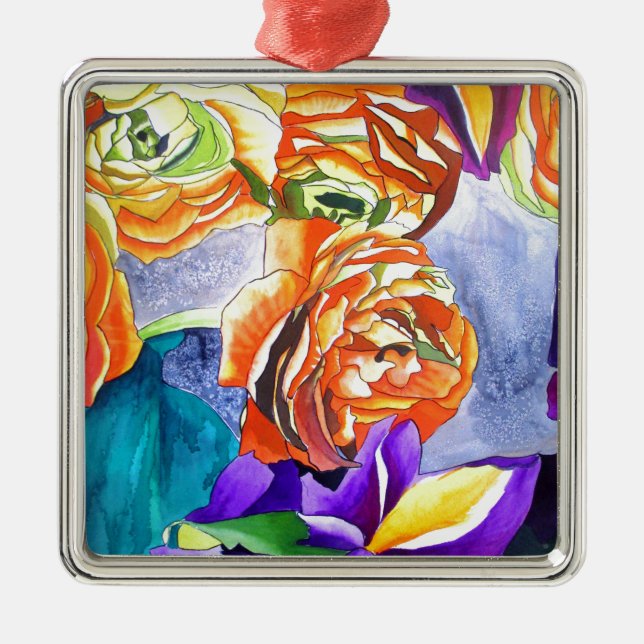 Ranunculus and Iris watercolour art Metal Ornament (Front)