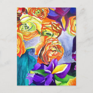 Ranunculus and Iris watercolour art Postcard