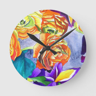 Ranunculus and Iris watercolour art Round Clock