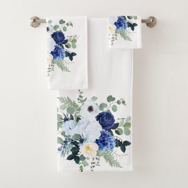 Ranunculus Anemone Hydrangea Rose White background Bath Towel Set (Insitu)