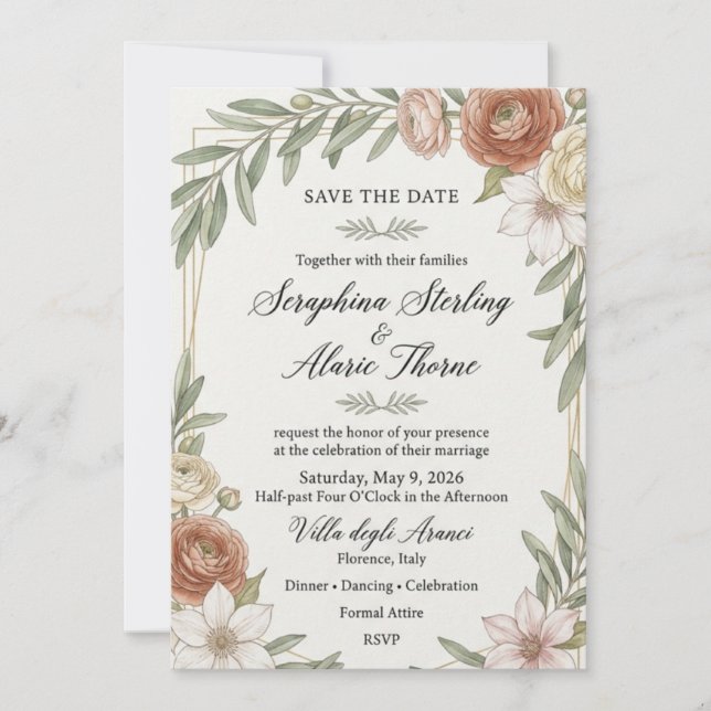Ranunculus, Clematis, Olive Branches, Gold Geometr Invitation (Front)