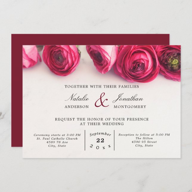 ranunculus flower pink red floral wedding invitation (Front/Back)