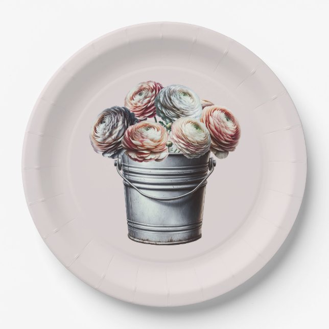 Ranunculus in Tin Pail Rustic Glam Pink Bridal Paper Plate (Front)