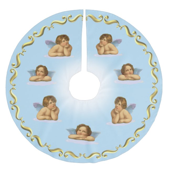Raphael Cherubs & Golden Frame on Light Blue Brushed Polyester Tree Skirt (Front)