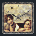 Raphael: Putti, Detail from the Sistine Madonna Square Wall Clock<br><div class="desc">Raphael: Putti,  Detail from the Sistine Madonna,  wall clock  with black and gold-coloured frame</div>