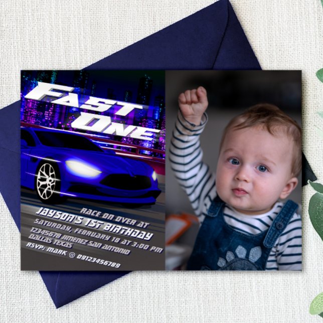 Rapide avec invitation photo (Fast One - 1st Birthday Racing Boy Landscape Invitation with Photo)