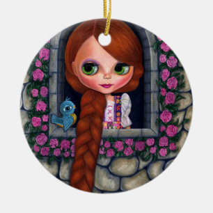 Rapunzel Big Eyes Girl Doll Cute Redhead Bluebird Ceramic Ornament