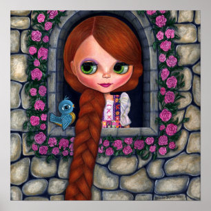Rapunzel Big Eyes Girl Doll Cute Redhead Bluebird Poster