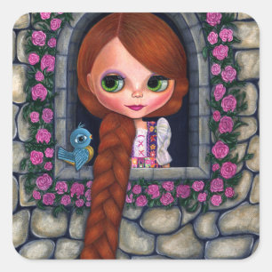 Rapunzel Big Eyes Girl Doll Cute Redhead Bluebird Square Sticker