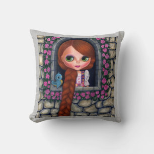 Rapunzel Big Eyes Girl Doll Cute Redhead Bluebird Throw Pillow