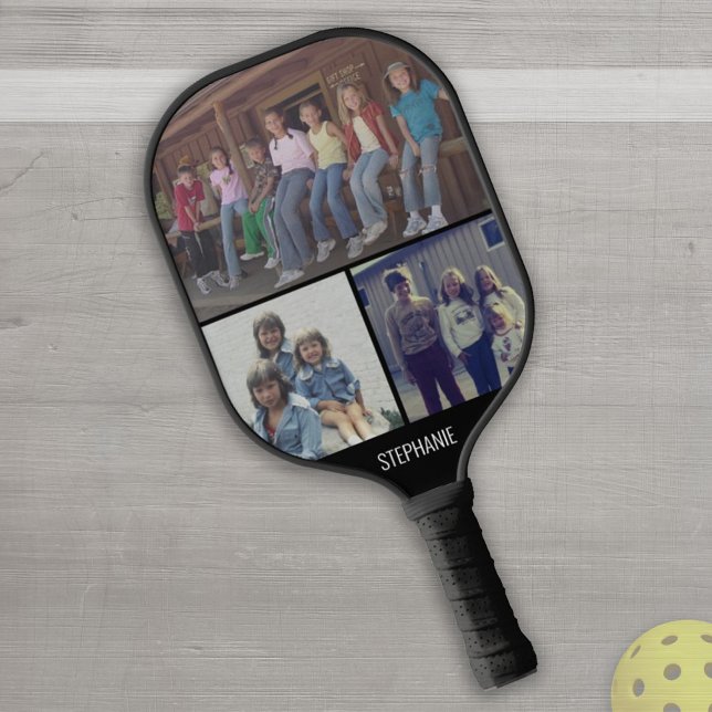 Raquette De Pickleball 3 Collage photo avec nom - noir blanc (Créateur téléchargé)
