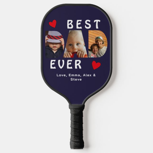 Raquette De Pickleball 3 Photo Meilleur Papa Jamais Bleu Collage Personna (Recto)