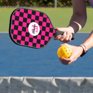 Raquette De Pickleball à damiers carré chaud rose noir rétro Monogramme