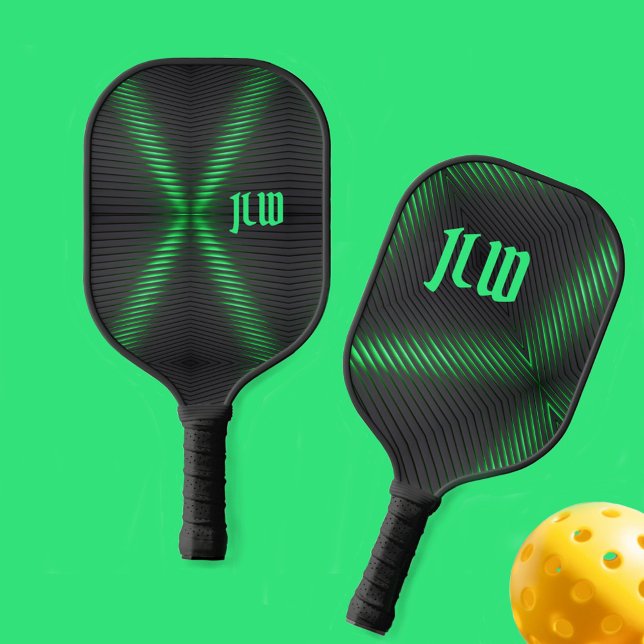 Raquette De Pickleball Abstrait à rayures vertes et noires avec initial (Créateur téléchargé)