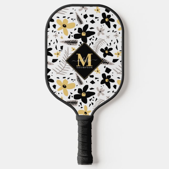 Raquette De Pickleball Abstrait noir gris jaune floral Monogramme (Recto)