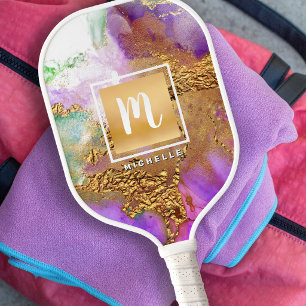 Raquette De Pickleball Agate Monogramme Aquarelle Papier D'or Rose Violet