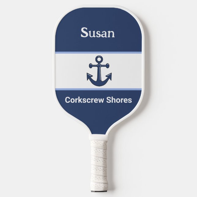 Raquette De Pickleball Ancre bleue marine blanche personnalisée Monogramm (Recto)