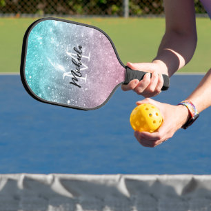Raquette De Pickleball Aqua blue Pink ombre mer galaxie abstraite Monogra