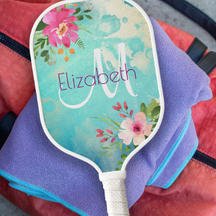 Raquette De Pickleball Aquarelle bleu turquoise Floral Moderne Monogramme