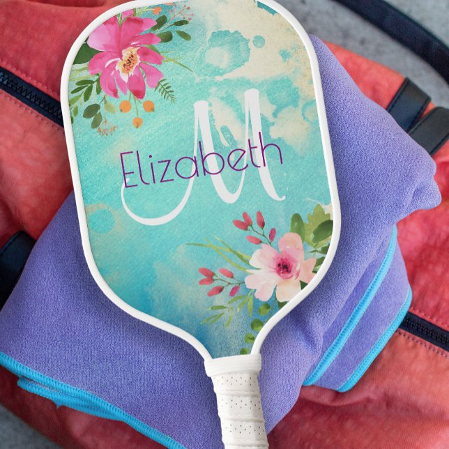 Raquette De Pickleball Aquarelle bleu turquoise Floral Moderne Monogramme (Créateur téléchargé)