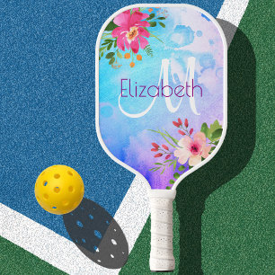 Raquette De Pickleball Aquarelle bleu violet Floral Chic Monogramme moder