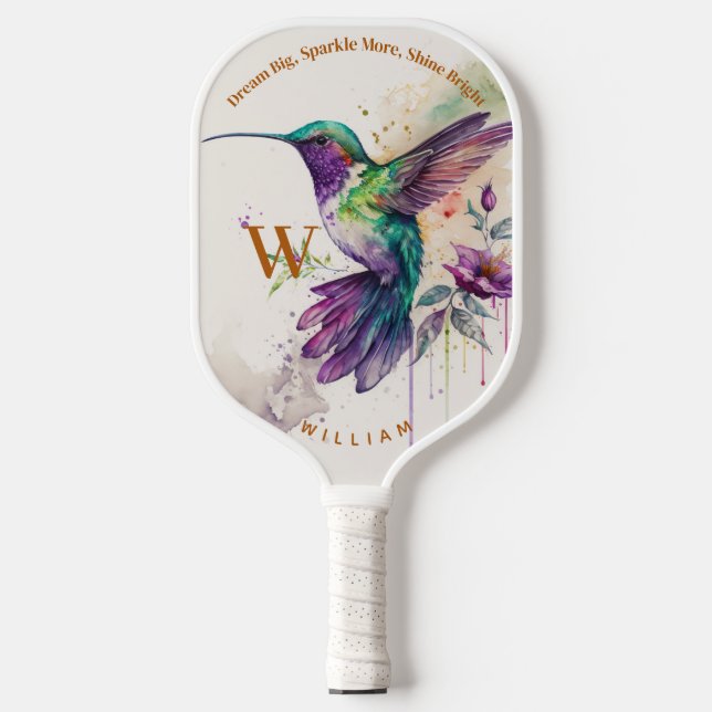 Raquette De Pickleball Aquarelle Élégante Colibri Avec Nom Personnalisé (Recto)