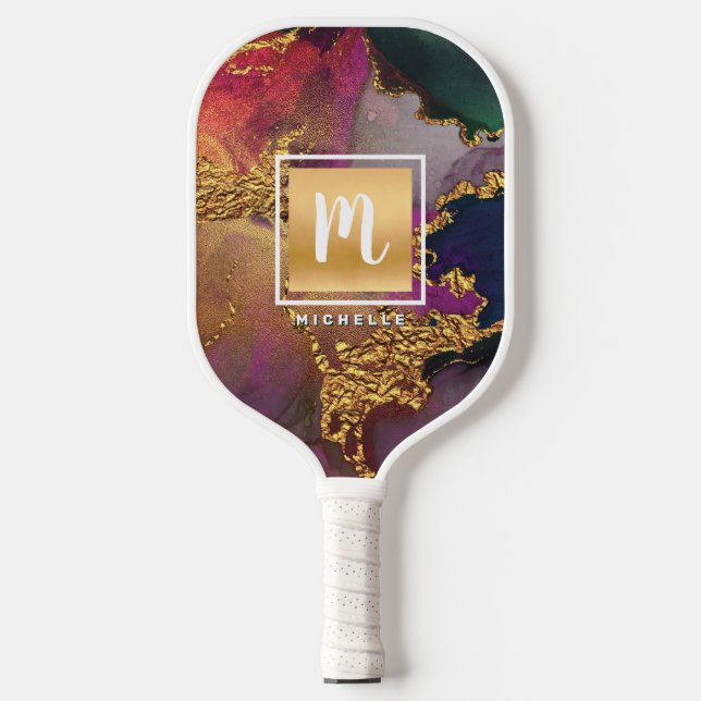 Raquette De Pickleball Aquarelle en marbre Monogramme or violet bleu vert (Recto)
