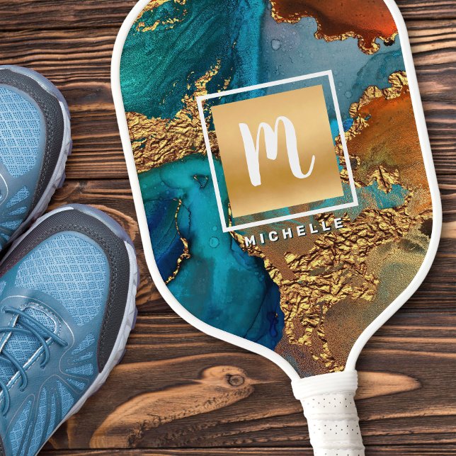 Raquette De Pickleball Aquarelle en marbre orange turquoise Monogram Gold (Créateur téléchargé)