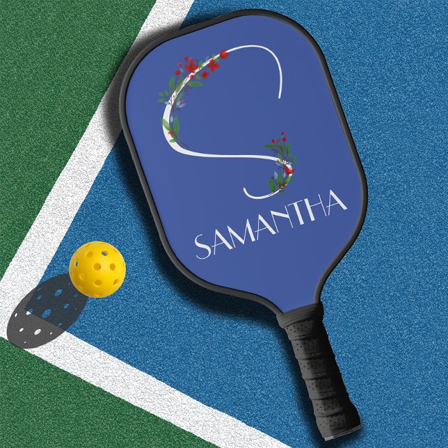 Raquette De Pickleball Aquarelle fleur sauvage monogramme blanc rouge ble (Créateur téléchargé)