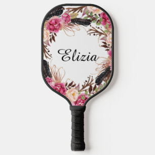 Raquette De Pickleball Aquarelle Pink Fleurs et plumes élégantes
