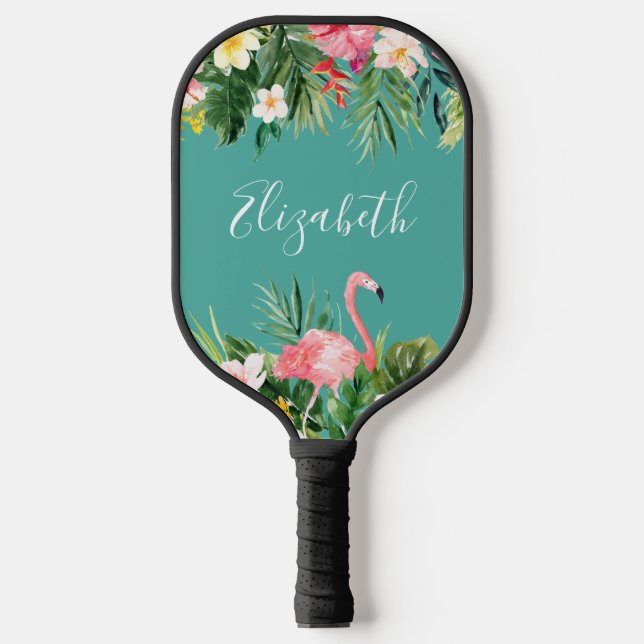 Raquette De Pickleball Aquarelle Tropical Floral Flamant rose Ajouter un  (Recto)