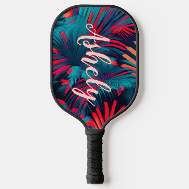 Raquette De Pickleball Aquarelle tropicale fluorescente Palm Feuilles Nom (Recto)