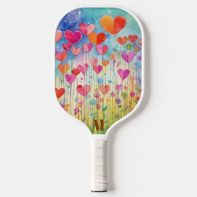 Raquette De Pickleball Ballons Coeur d'aquarelle mignonne Monogramme mode (Recto)