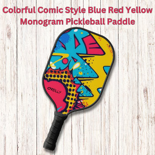 Raquette De Pickleball Bande dessinée colorée Bleu Rouge Jaune Monogramme
