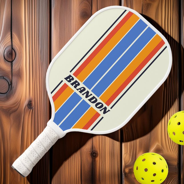 Raquette De Pickleball Bandes rétro cinq cartes avec nom (Créateur téléchargé)