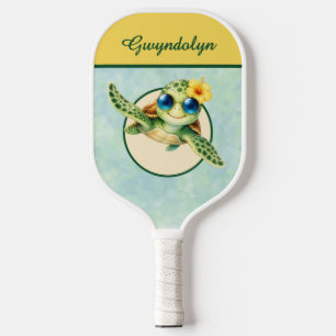 Raquette De Pickleball Bébés tortues de mer mignonnes avec des fleurs tro