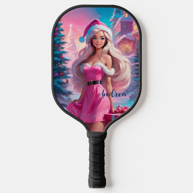 Raquette De Pickleball Belle fille de Noël rose 01 (Recto)