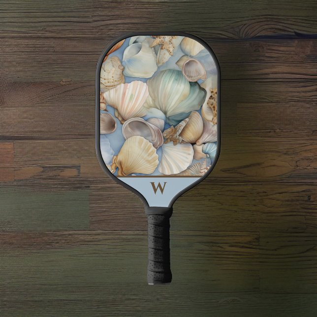 Raquette De Pickleball Belle plage Aquarelle de mer Coques de mer Monogra (Créateur téléchargé)