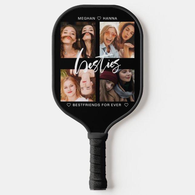 Raquette De Pickleball Besties moderne noir photo collage meilleurs amis (Recto)