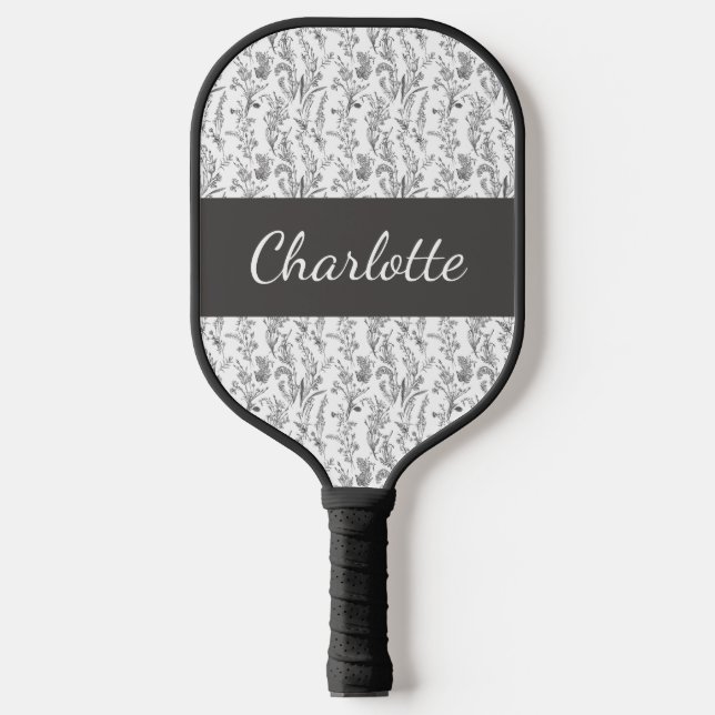 Raquette De Pickleball Black White Chic Toile Floral Custom Name (Recto)