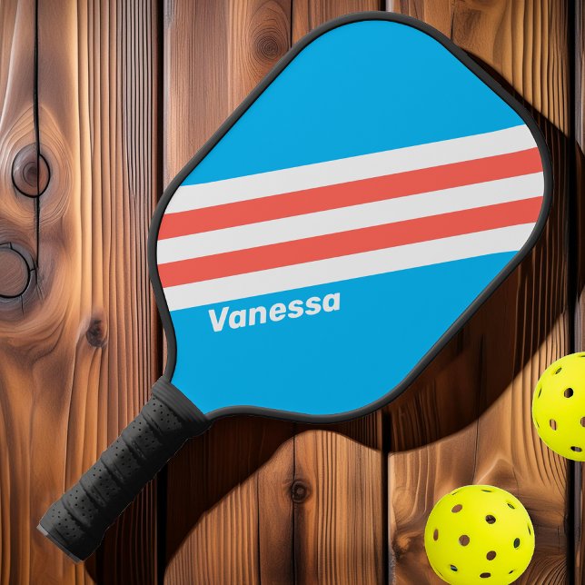 Raquette De Pickleball Bleu ciel rétro avec nom (Créateur téléchargé)