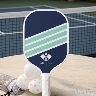 Raquette De Pickleball Bleu Nuit Moderne Menthe Rayures Blanches Monogram