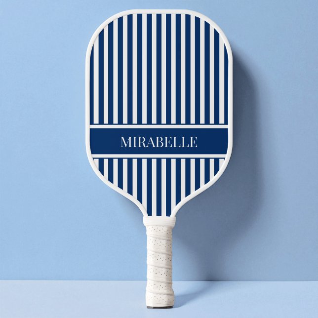 Raquette De Pickleball Bleu Nuit Nautical Simple Rayé Moderne Personnalis (Nautical Navy Blue Simple Striped Modern Custom Pickleball Paddle)