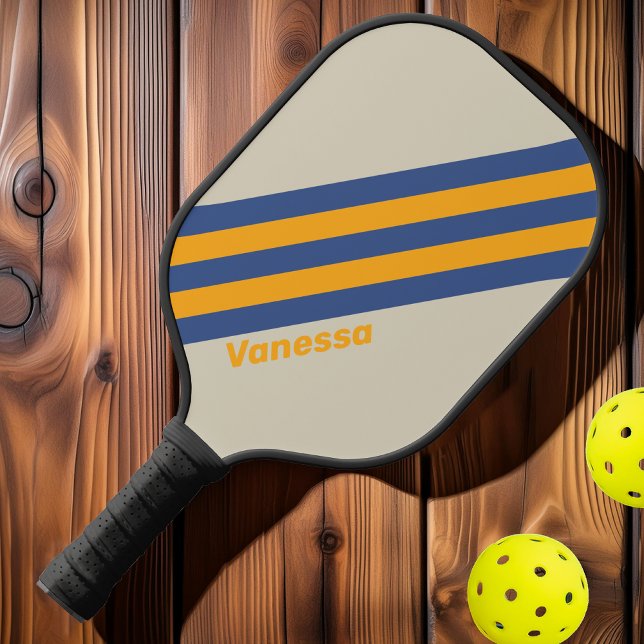Raquette De Pickleball Bleu rétro Crush Sunset Stripes avec nom (Créateur téléchargé)