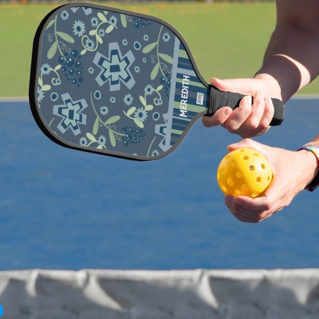 Raquette De Pickleball Blue Floral Elegant Professional Nom personnalisé (Créateur téléchargé)