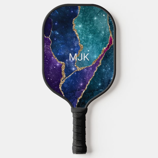 Raquette De Pickleball Blue Purple Aqua Gold Veines Monogramme Agate (Recto)