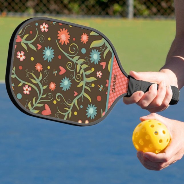 Raquette De Pickleball Boho Floral Nom personnalisé Initiales Élégant (Créateur téléchargé)