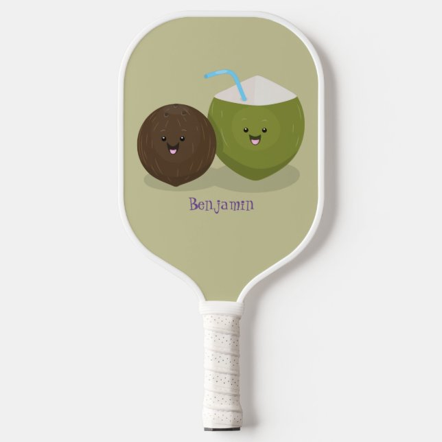 Raquette De Pickleball Caricature de noix de coco kawaii joyeux (Recto)