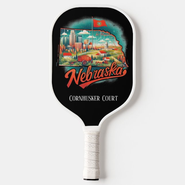 Raquette De Pickleball Carte de voyage Retro de l'État du Nebraska (Verso)