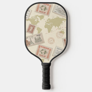 Raquette De Pickleball Carte du monde de timbres-poste vintage Voyage (1)